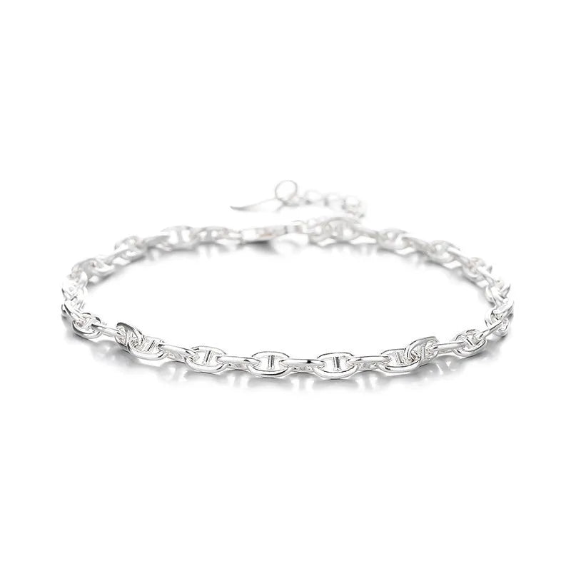 925 sterling silver chain bracelet with pig nose charm, polished silver colour, stackable design