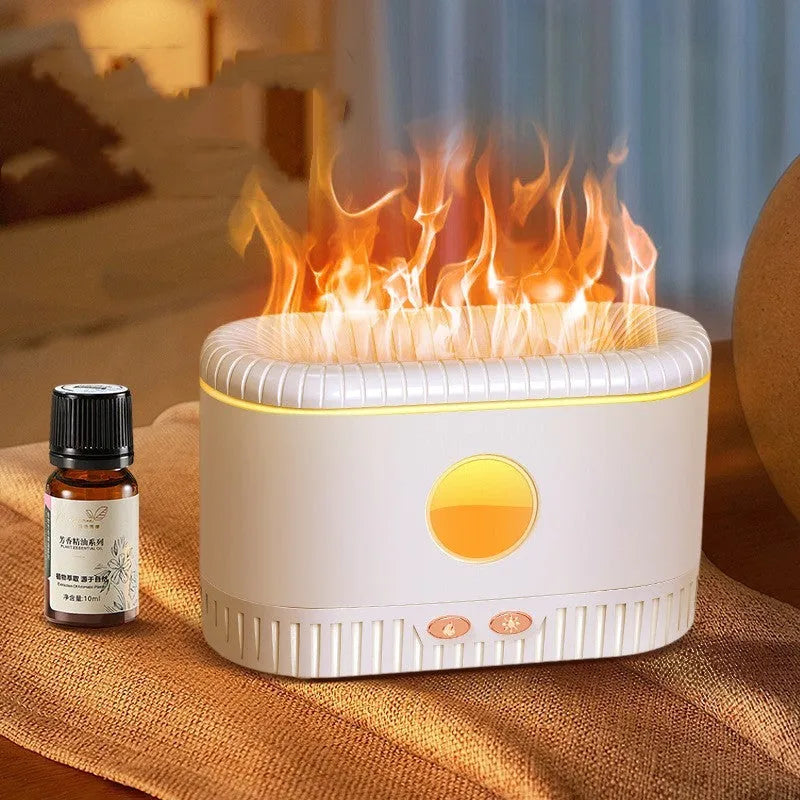 White desktop simulated flame aromatherapy humidifier with square shape, 200ml tank, and single fog outlet