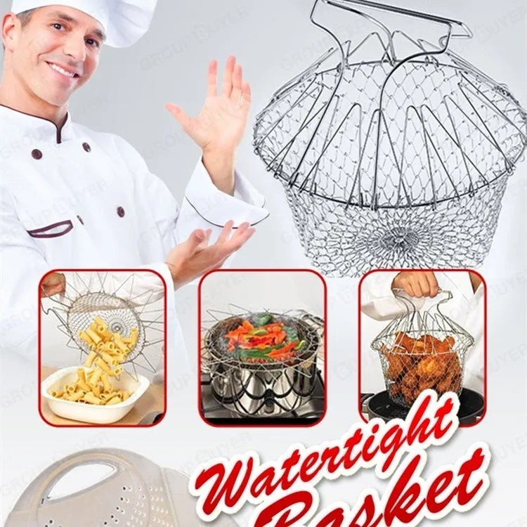 Stainless steel foldable frying basket with square grid design and handle