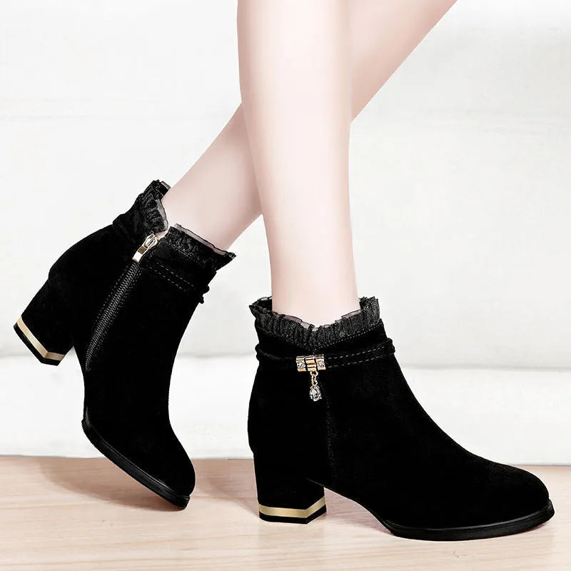 Black Season Tide sandal boots with mid-heel, tassel detail, and round toe for women