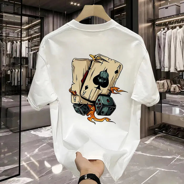 Men's black and white heavy cotton short-sleeved T-shirt with printed design, shown in sizes from S to 5XL.