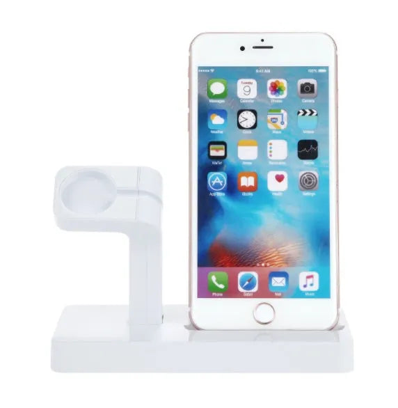 White 2-in-1 desktop charging dock holding an iPhone and an Apple Watch for simultaneous charging.
