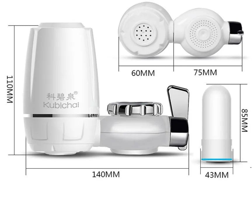 White plastic faucet water purifier with ceramic filter cartridge mounted on kitchen tap