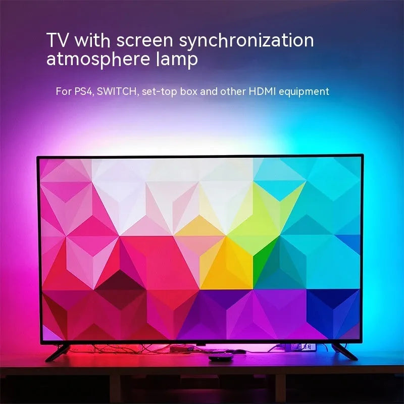 TV ambient backlight strip installed behind television with app control interface showing colour options