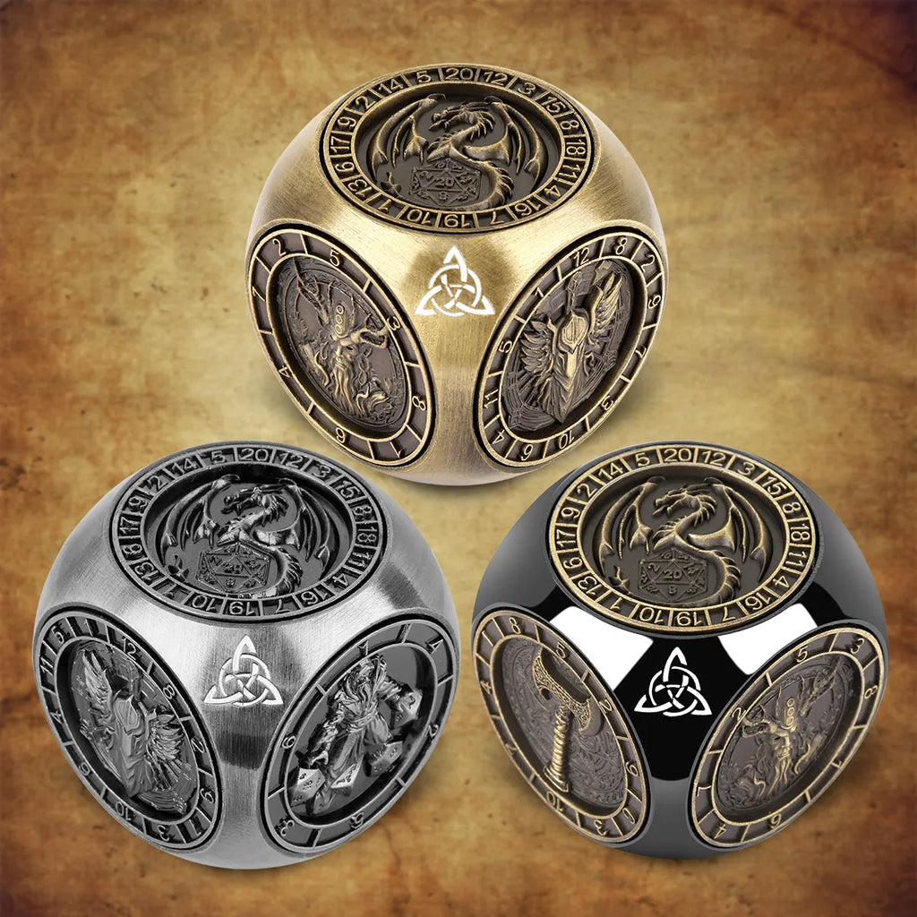 6-pack retro metal dice wheel gift box set in bronze, dark silver, and black zinc alloy with compact 3.5 cm size