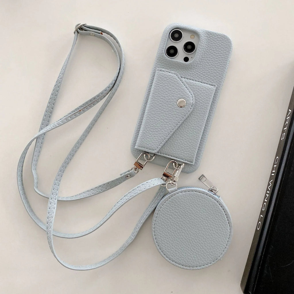 Crossbody phone case with card holder and coin purse in PC leather, available in blue, khaki, and purple for iPhone models