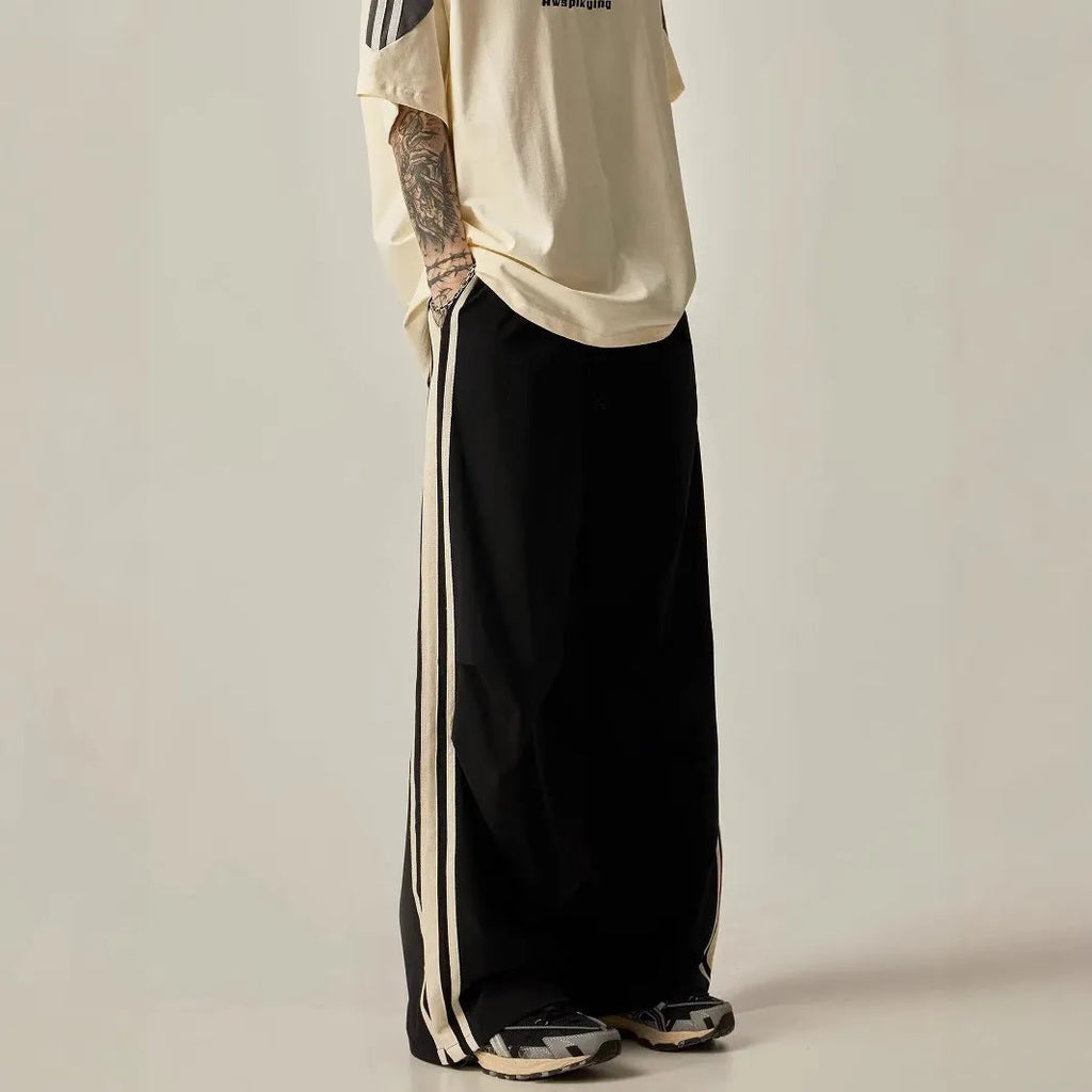 Black wide leg climbing trousers for men with high waist and straight leg design
