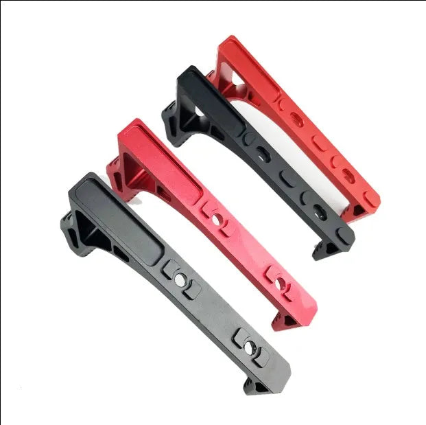 Metal hand stop foregrip for picatinny rails in black and red, shown with keymod and m-lok mounting variants.