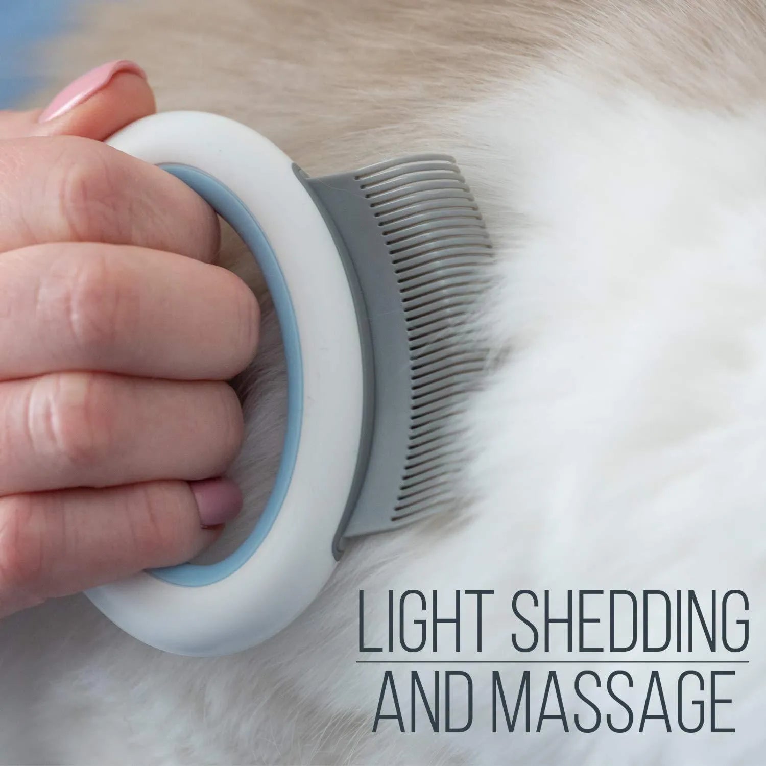 Blue plastic pet grooming comb for deshedding cats and dogs on a white background.