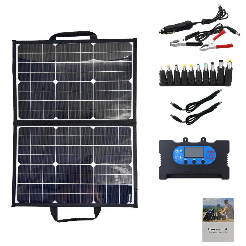 Black 40W folding bag portable solar panel shown folded, for outdoor camping and emergency charging.