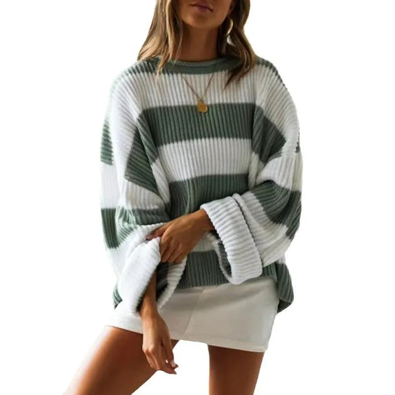 Women's striped loose sweater with bell sleeves and crocheted flower details in viscose fibre.
