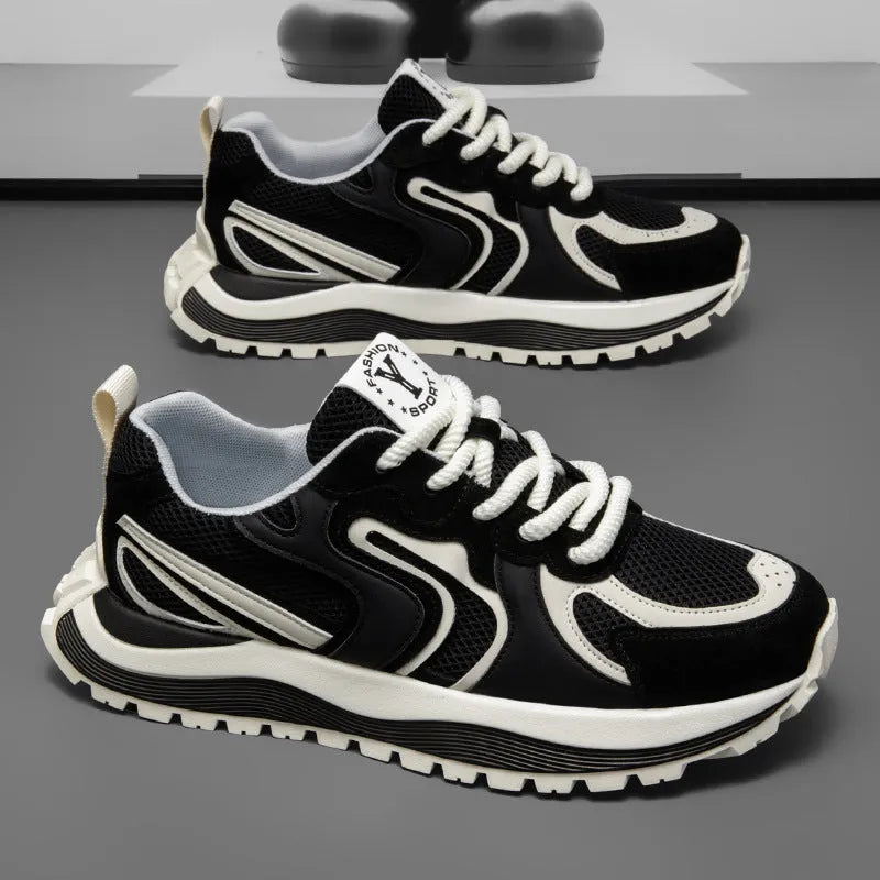 Men's black mesh and synthetic leather casual sneakers with a round toe and rubber sole on a white background.