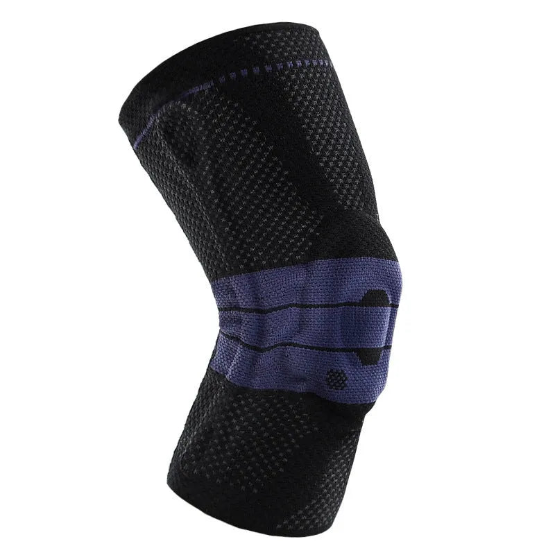 Black and blue adult sports knee pad for basketball and running protection.