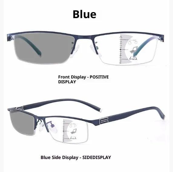 Integrated focus reading glasses with metal optical frame, dragon and phoenix pattern, black blue or gun colour