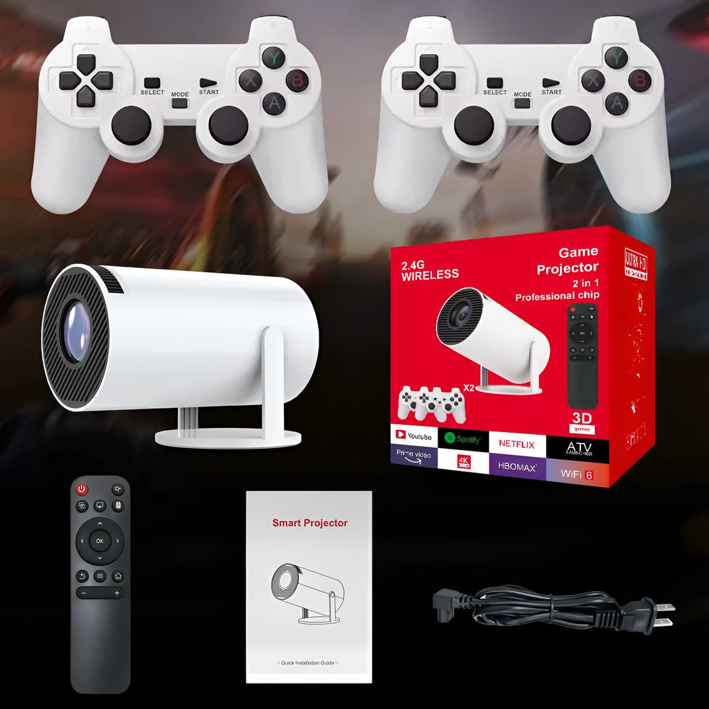 M300MAX portable projection game machine in white or red packaging with wireless gaming handles