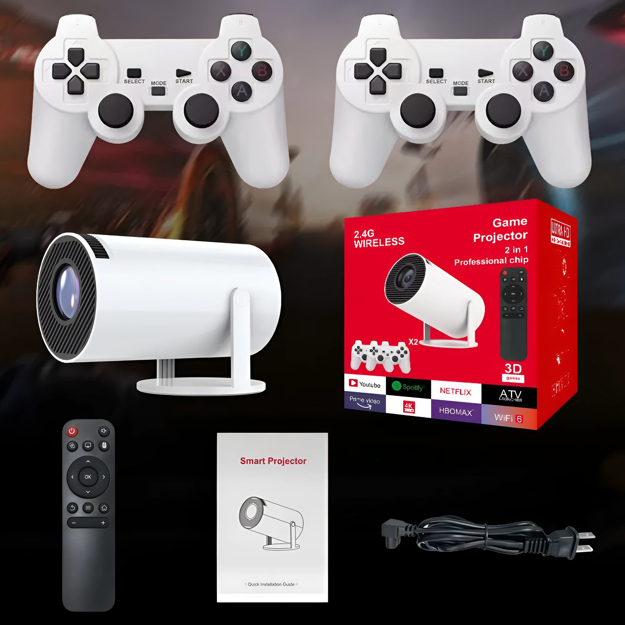 M300MAX portable projection game machine in white or red packaging with wireless gaming handles