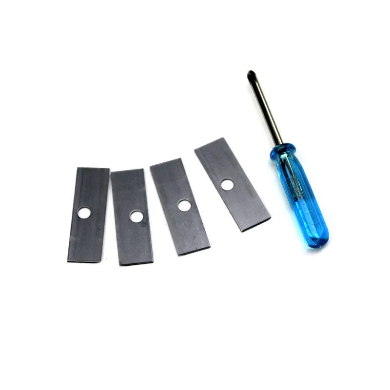 Geometric four-hole plastic pencil sharpener with spare blades and a screwdriver on a white background