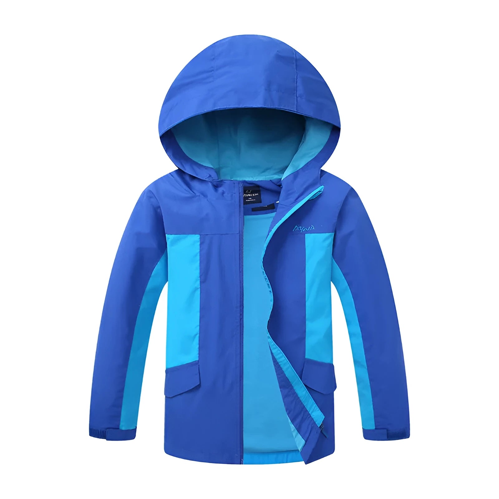 Blue boys' thin autumn jacket with long sleeves and a front zip, laid flat.
