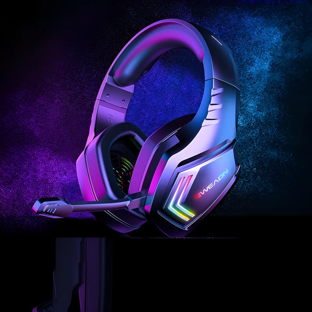 Black wireless Bluetooth headset with RGB lighting on the ear cups, worn over the head.
