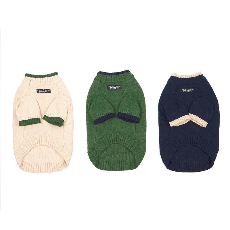 Dog wearing contrast colour two-leg wool sweater in British style