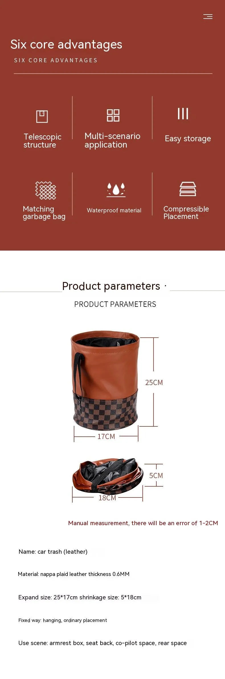 Leather retractable car trash can shown in folding design with carry handle