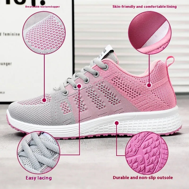Women's flyknit running shoes in black with lace-up front and round toe design