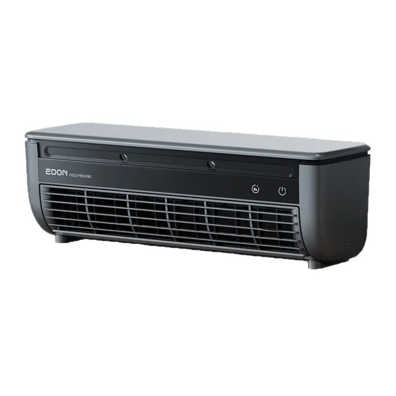 Gray rechargeable wall hanging fan with remote control and USB cable on a wall mount
