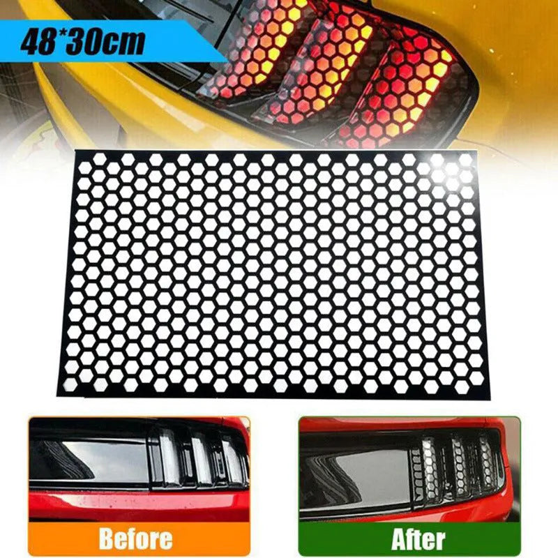 Honeycomb pattern adhesive sticker for car taillights in black, carbon, or colourful finishes, 48x30 cm.