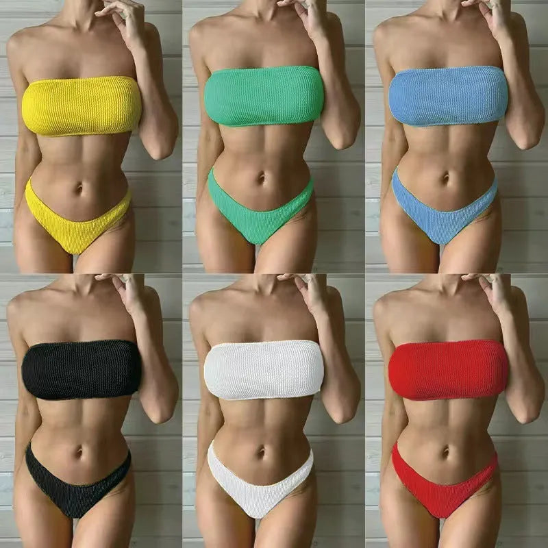 Women's solid colour high-waist bikini swimsuit set on a white background.
