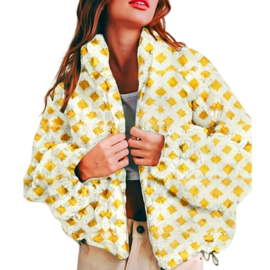 Women's anti-blowing lamb wool plaid casual jacket in red plaid, loose fit, polyester fibre