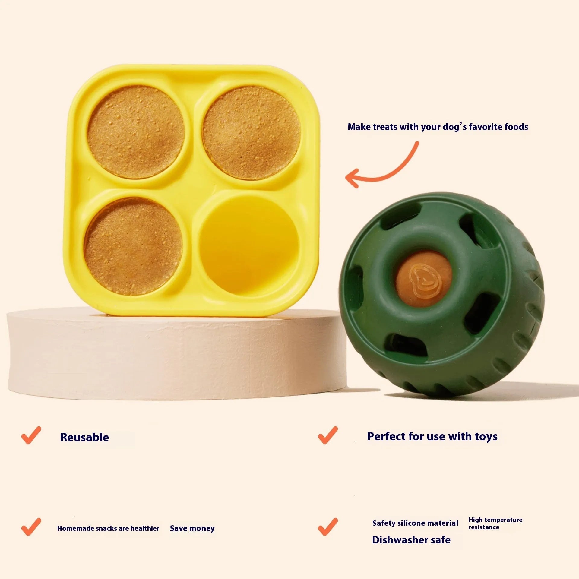 Dog silicone slow meal ball and tray set in green and orange on a light background