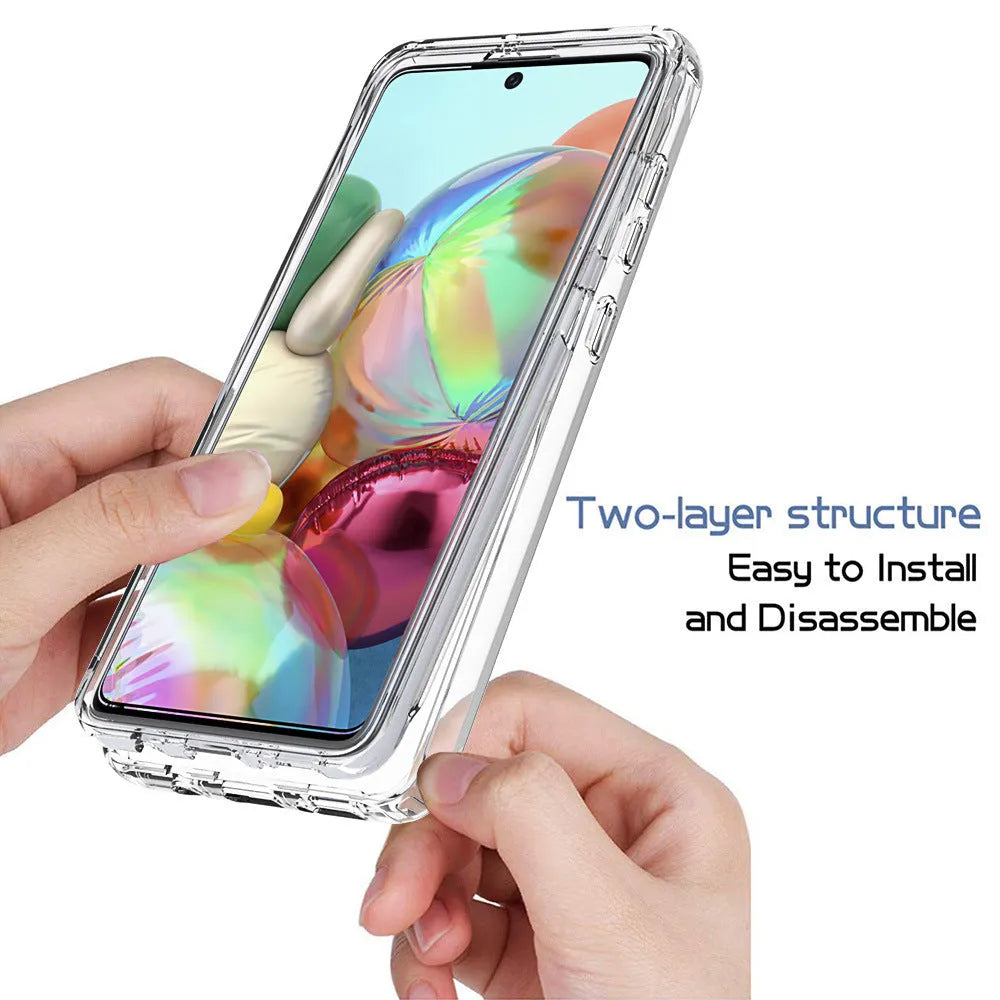 Transparent anti-drop phone case for Samsung Galaxy smartphones showing PC and TPU construction
