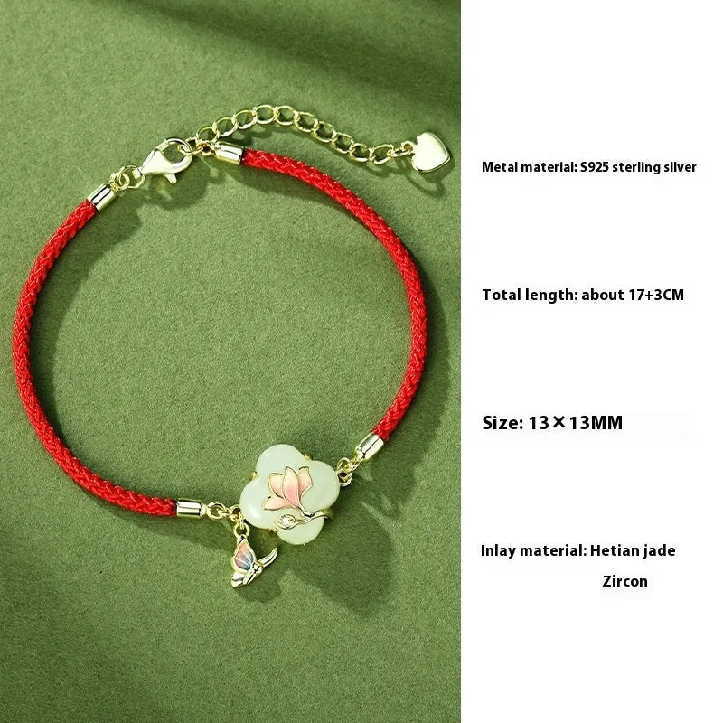 Magnolia Hetian jade necklace and bracelet set in 925 sterling silver with floral design