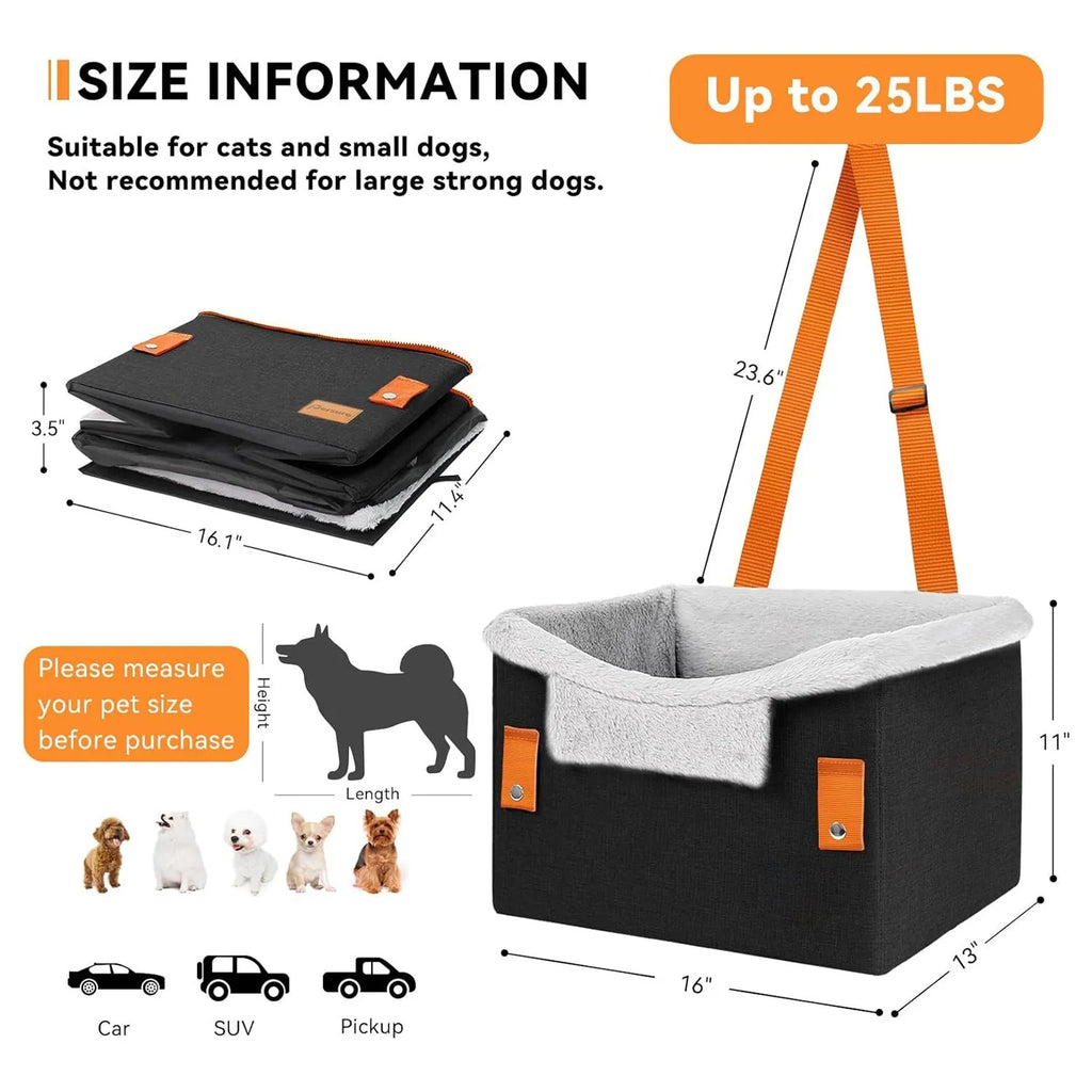 Small dog car seat in grey with safety buckle and fleece lining, measuring 40.6 x 33 x 28 cm