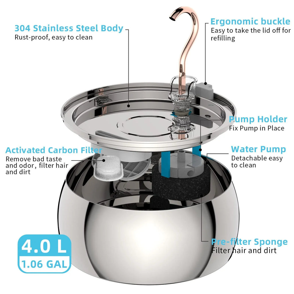 4L stainless steel cat dog water dispenser with copper gooseneck tube and silent pump