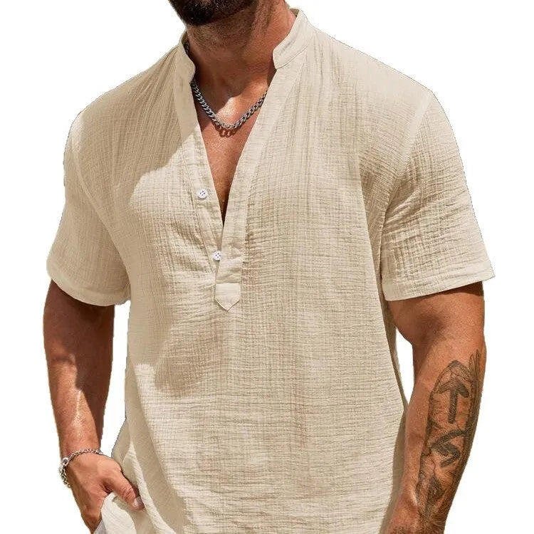 Men's solid colour short-sleeve shirt with a stand collar in a lightweight fabric.
