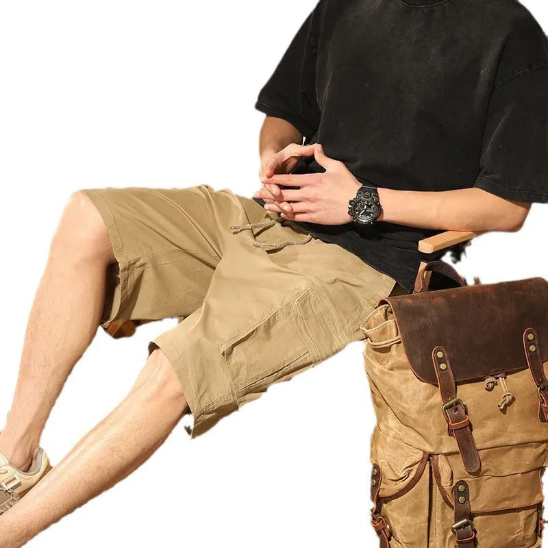 Men's loose cargo trousers in stretch cotton, multi-pocket, fifth length, grey black khaki army green