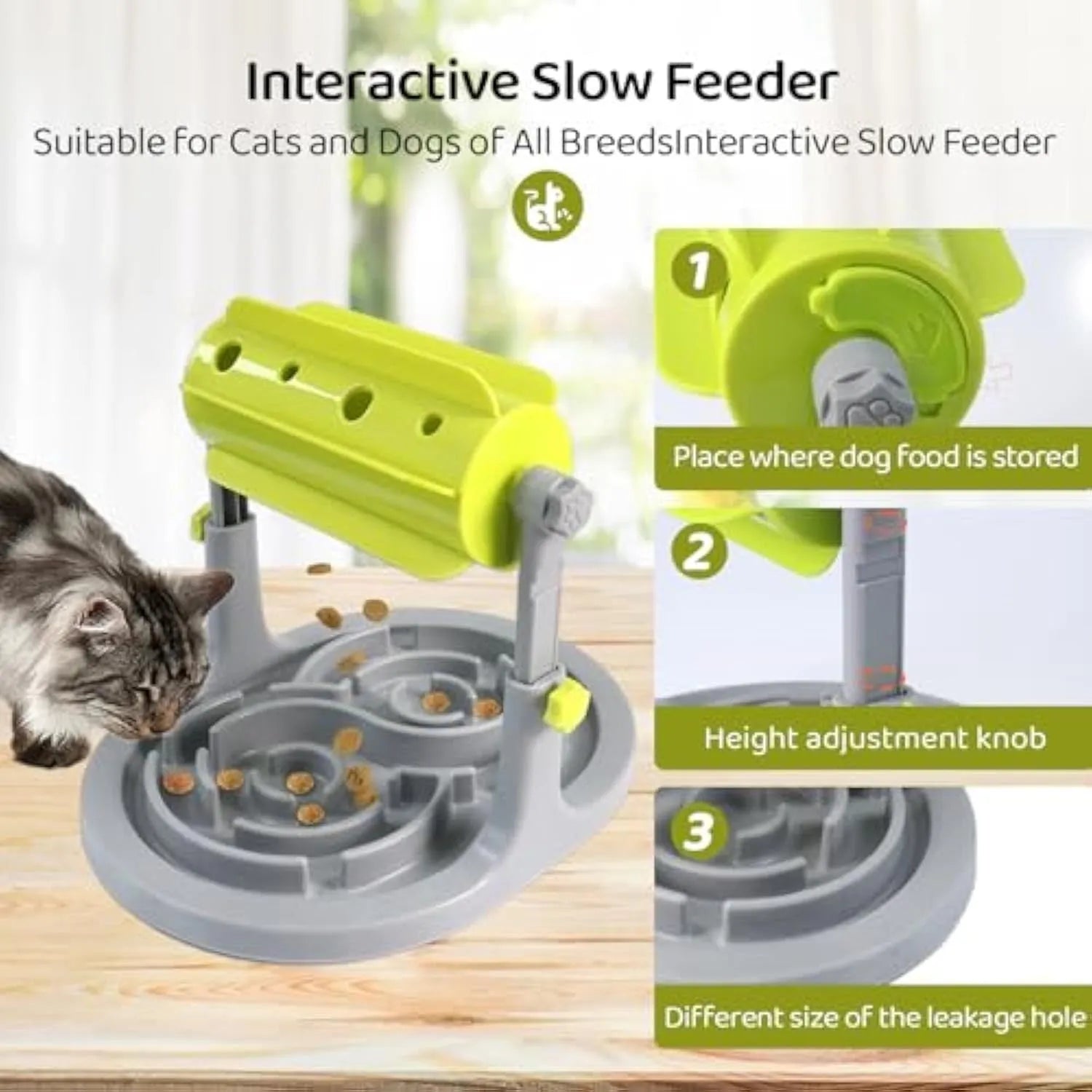 Interactive pet food puzzle slow feeder in blue, green, or pink with adjustable height settings