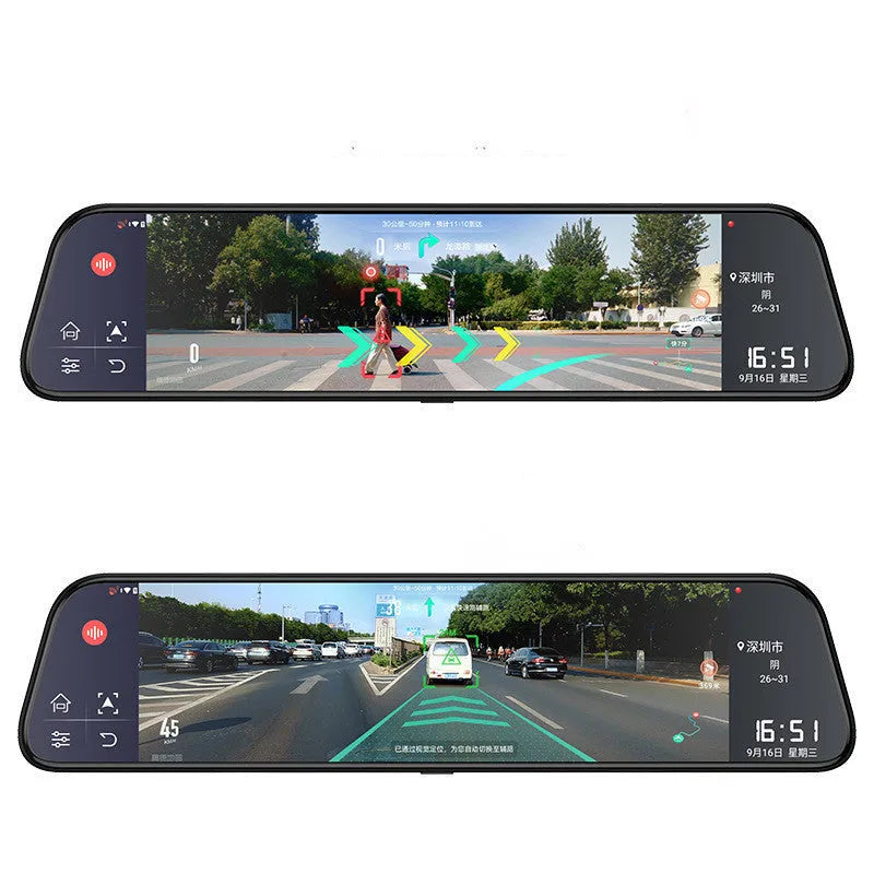 12-inch rearview mirror tachograph with touch screen display showing GPS navigation map