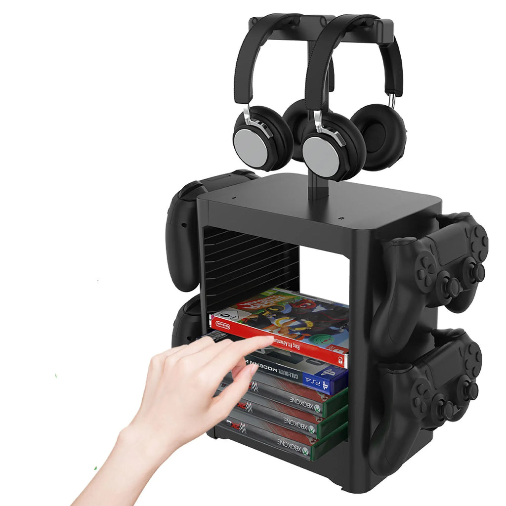 Black ABS plastic game controller and headphone storage rack with side hooks and a drawer.