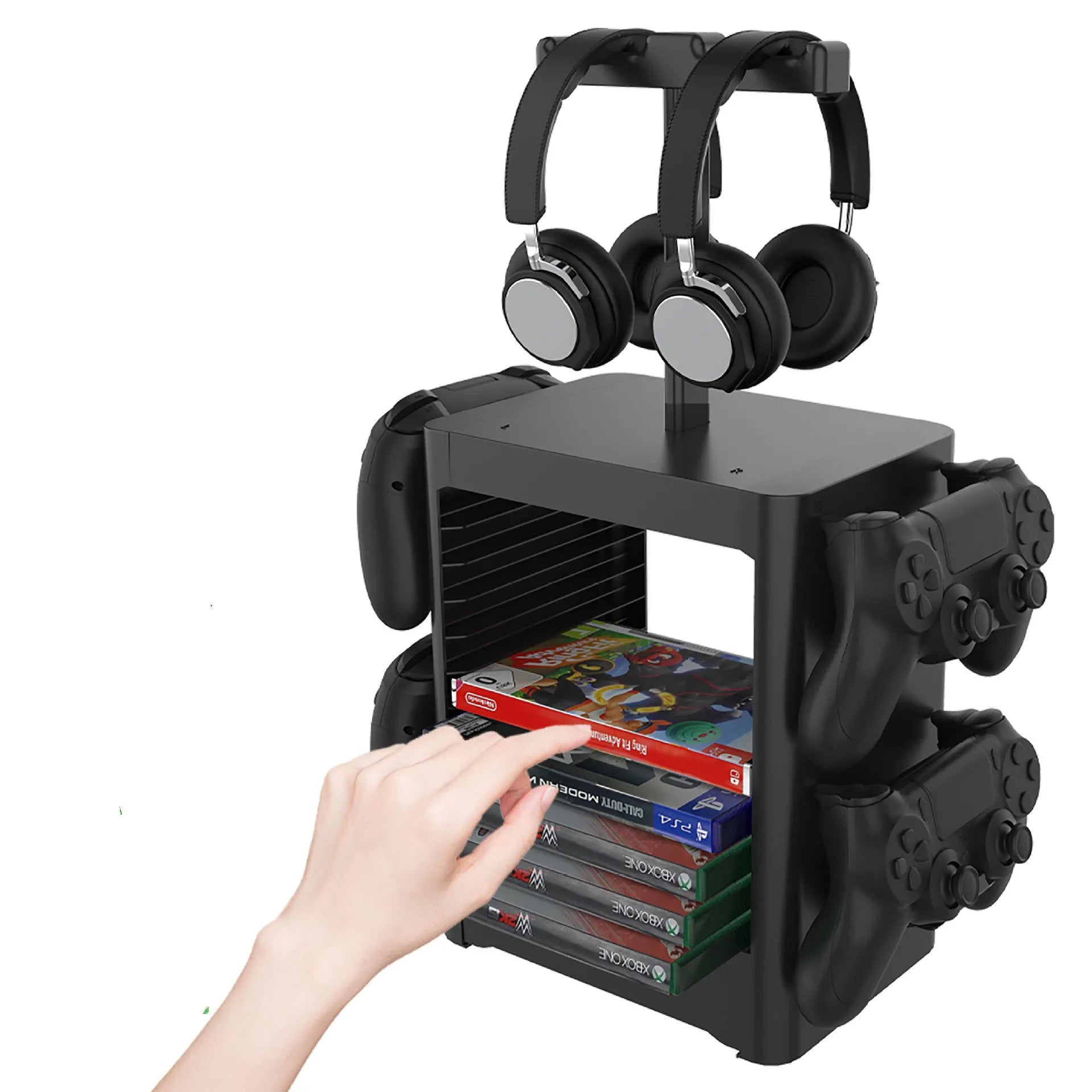 Black ABS plastic game controller and headphone storage rack with side hooks and a drawer.