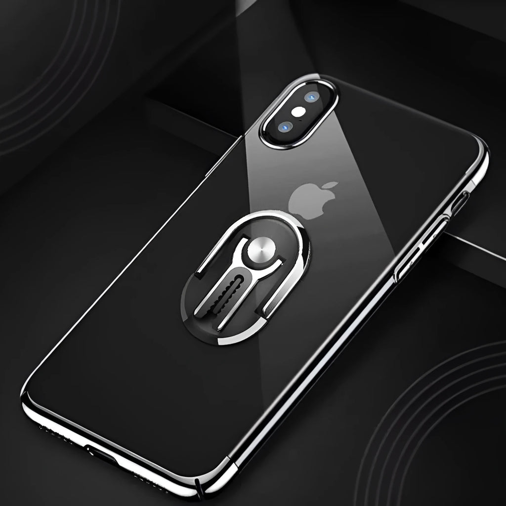 Universal car mobile phone bracket with adjustable ring, flexible gooseneck arm, and suction cup base in multiple colours.