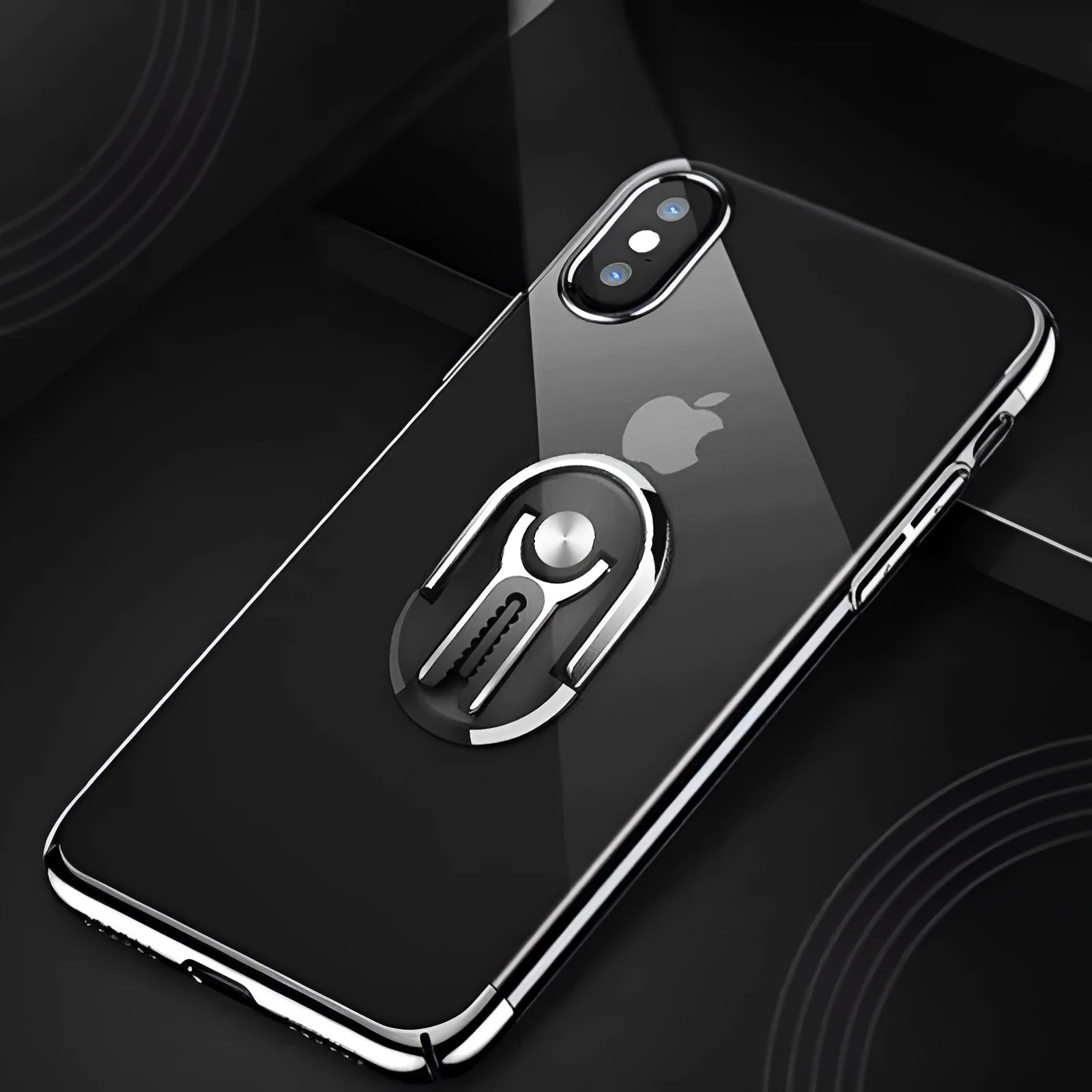 Universal car mobile phone bracket with adjustable ring, flexible gooseneck arm, and suction cup base in multiple colours.