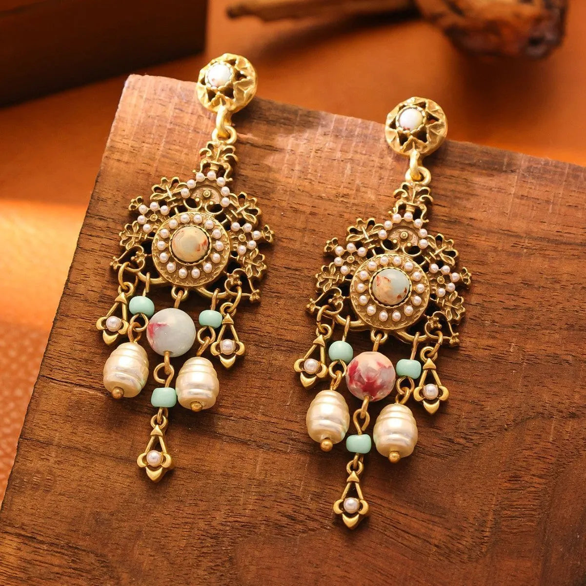 Alloy flower ear studs Chinese style 7.9cm drop for women red and green flower option