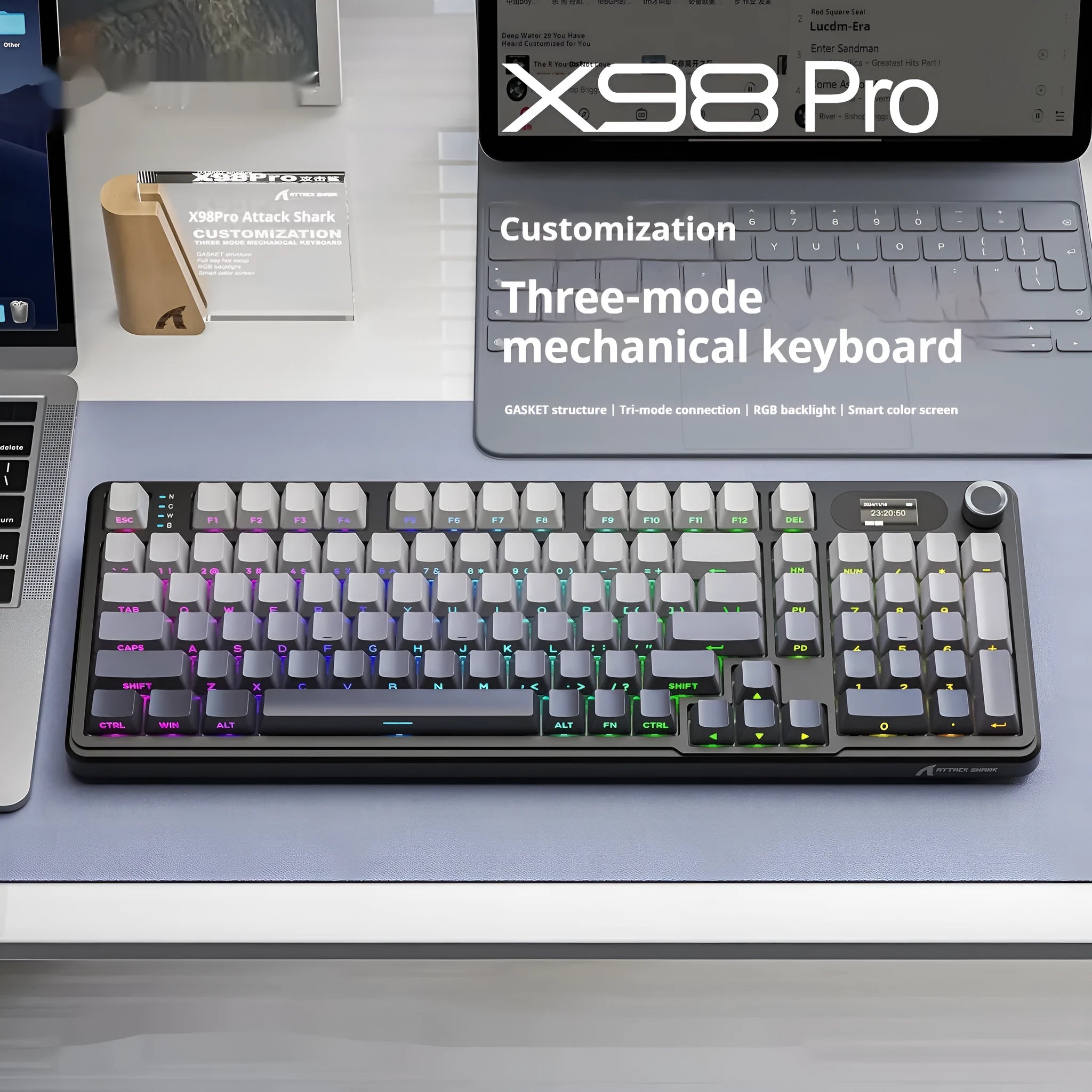 Attack Shark X98PRO three-mode RGB wireless Bluetooth mechanical keyboard with side engraving and knob, ABS black body