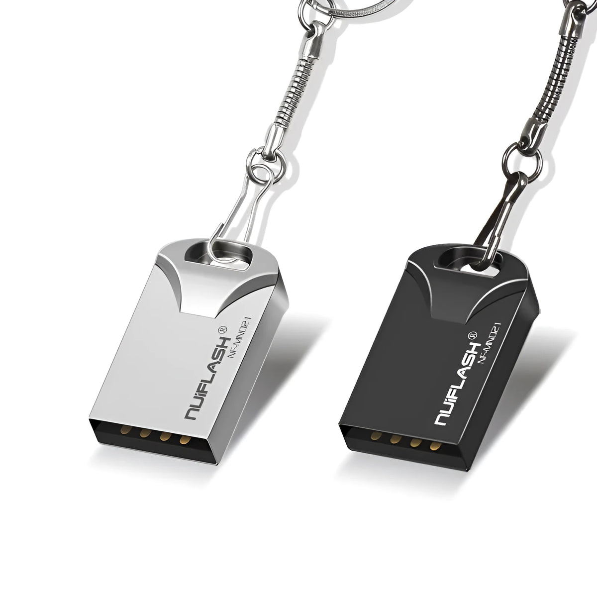 Mini USB 2.0 flash drive with solid state storage in black or silvery casing