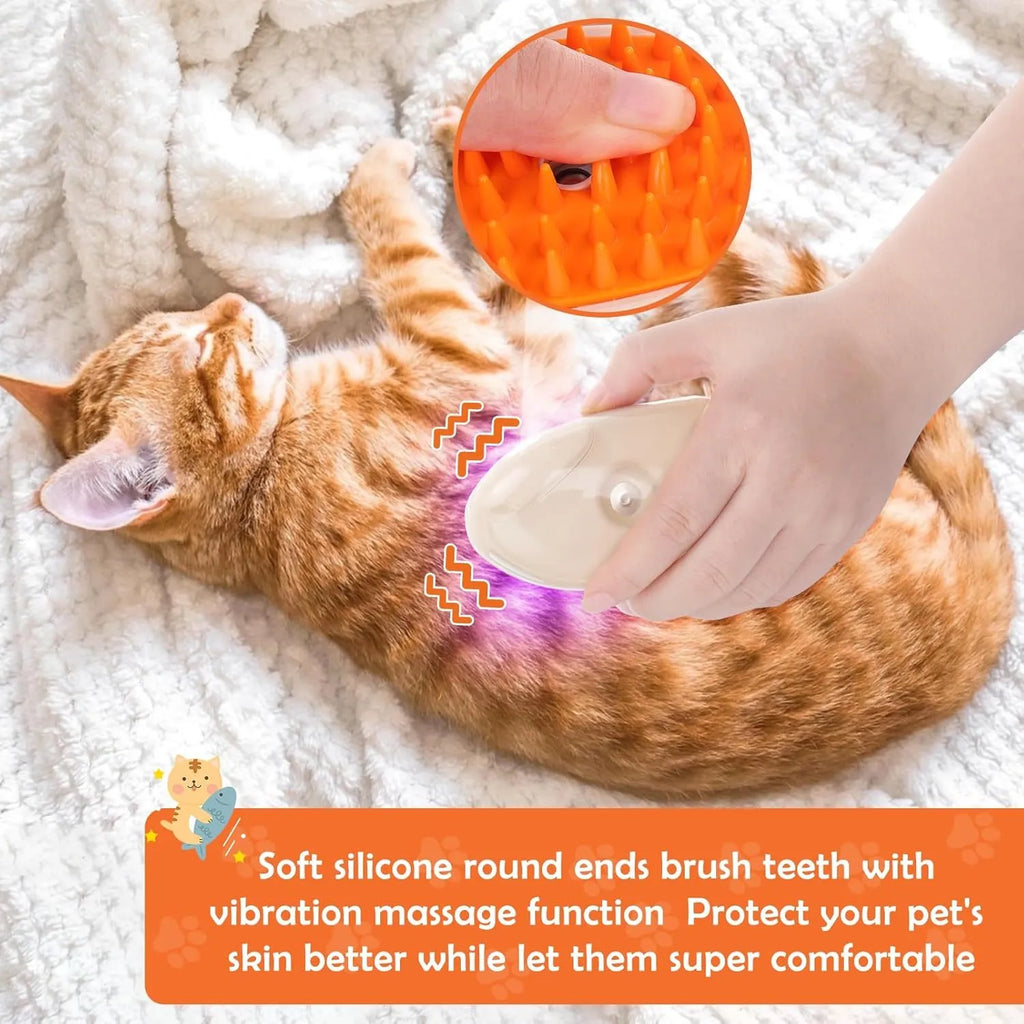 Yellow 4-in-1 cat steam brush with silicone teeth, steam spray function, and UV ringworm detector lamp