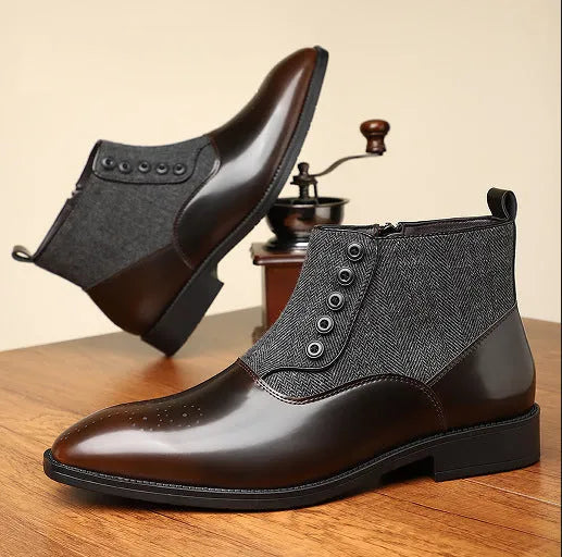 Men's brown retro formal shoes with side zip and square toe on a white background.