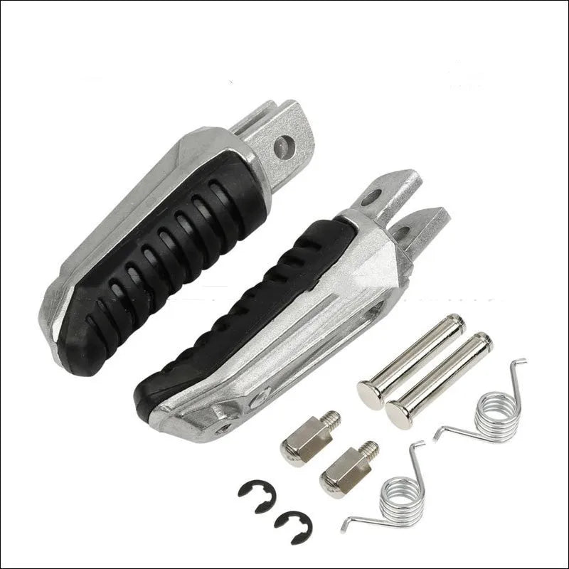 Black aluminium alloy motorcycle footpeg set for Suzuki GSX and V-Strom models.