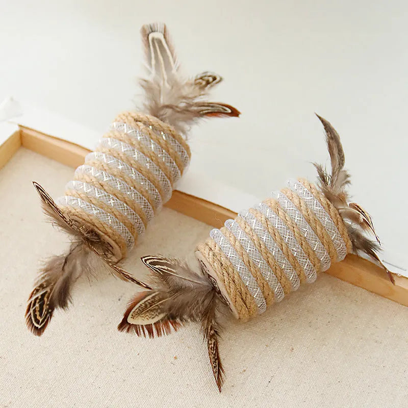 Beige cat toy made of hemp rope with feathers and an integrated roller for scratching and play